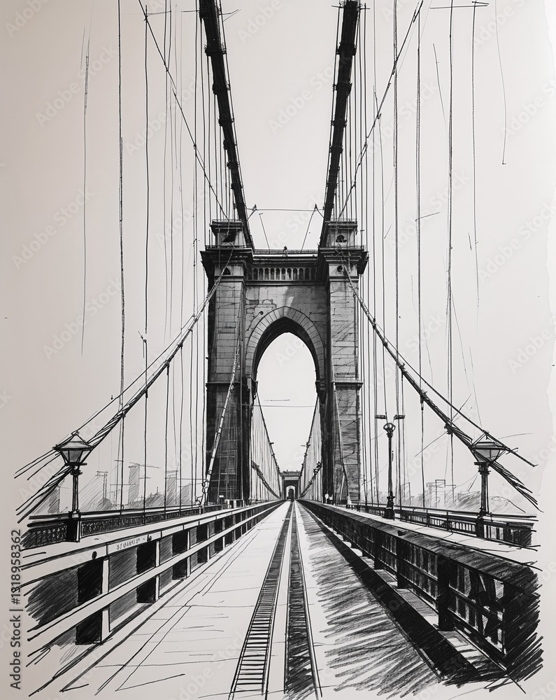 Fototapeta premium Suspension bridge with towers building design in sketch hand drawing black and white on plain white background
