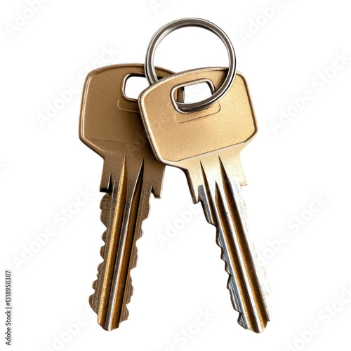 Two golden house keys on keyring isolated on transparency background