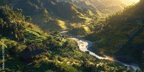 Paisaje natural con terrazas de arroz y río