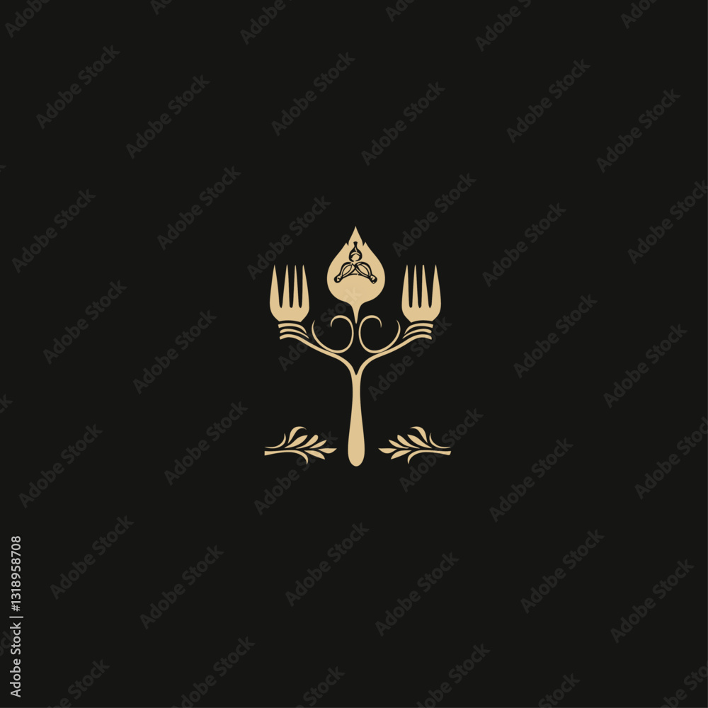 Obraz premium Golden Culinary Logo with Forks and Crown on Black Background Design