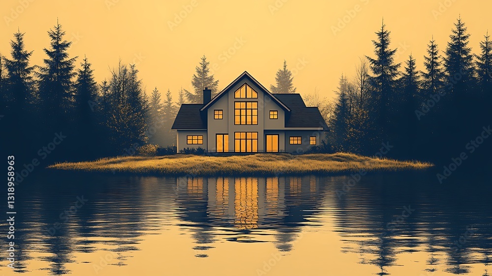 Fototapeta premium Cozy cabin by sunset lake view high resolution hd image