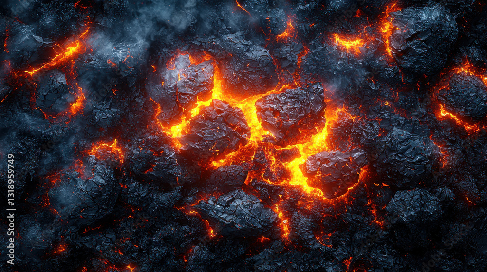 Lava flows with glowing orange cracks illuminate dark volcanic rocks, creating dramatic and fiery landscape. intense heat and energy evoke sense of power and transformation Lava flows with glowing orange cracks illuminate dark volcanic rocks, creating dramatic and fiery landscape. intense heat and energy evoke sense of power and transformation