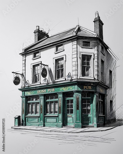 Traditional Irish pub building design in sketch hand drawing black and white on plain white background
