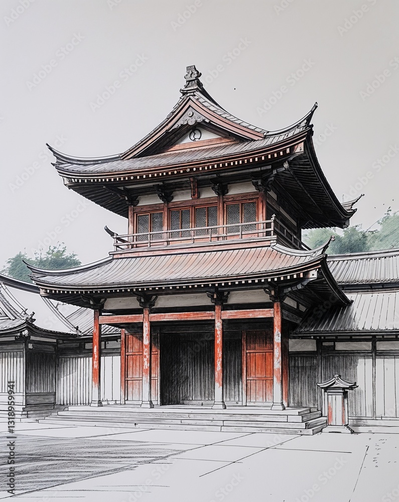 Traditional Japanese Noh theater building design in sketch hand drawing black and white on plain white background Traditional Japanese Noh theater building design in sketch hand drawing black and white on plain white background