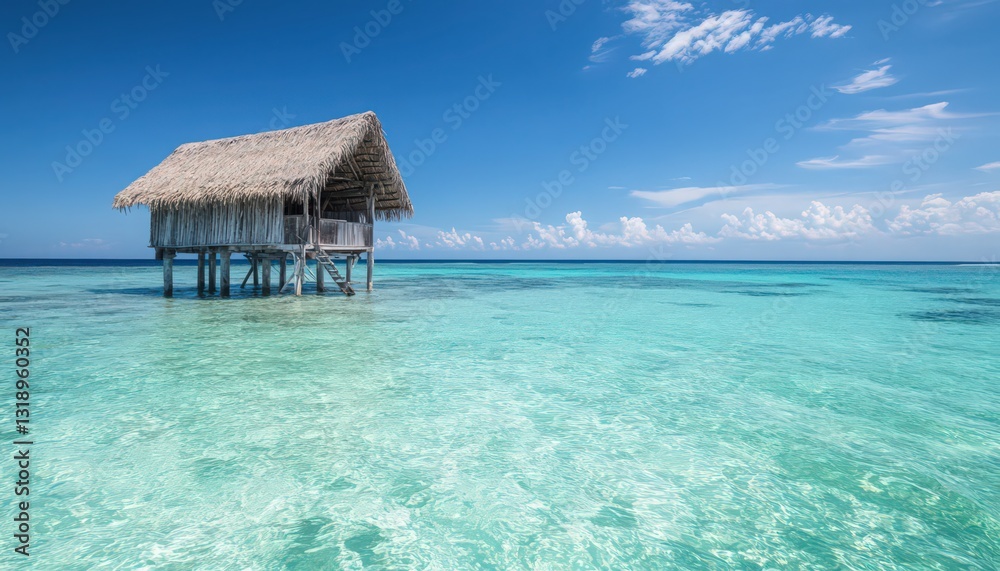 Overwater Bungalow in Turquoise Water Under Blue Sky Overwater Bungalow in Turquoise Water Under Blue Sky