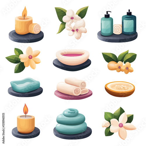 Spa Day Still Life: Candles, Flowers, and Towels for Relaxation and Wellness