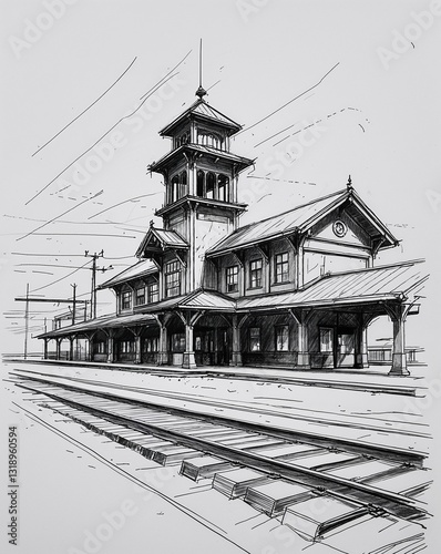 Train depot building design in sketch hand drawing black and white on plain white background