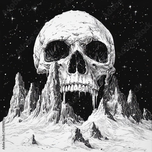 Ilustración de un cráneo en un paisaje estrellado