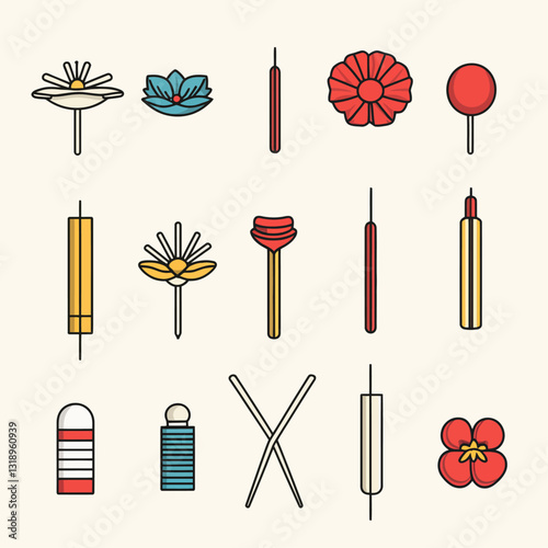 Kanzashi Traditional Japanese Hair Ornaments and Accessories Vector Set photo