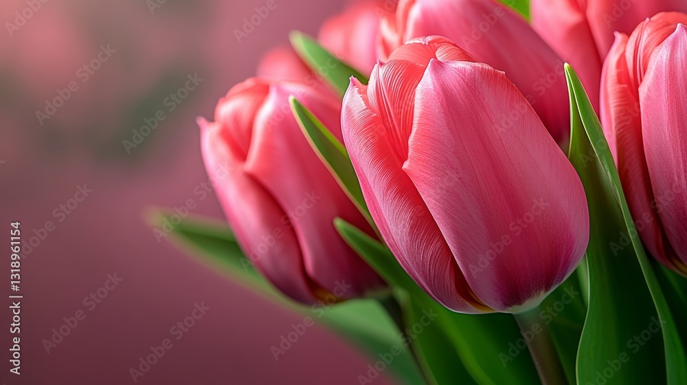 Bouquet of pink tulips with green leaves. The flowers are arranged in a vase and the vase is placed on a table. Concept of beauty and elegance Bouquet of pink tulips with green leaves. The flowers are arranged in a vase and the vase is placed on a table. Concept of beauty and elegance