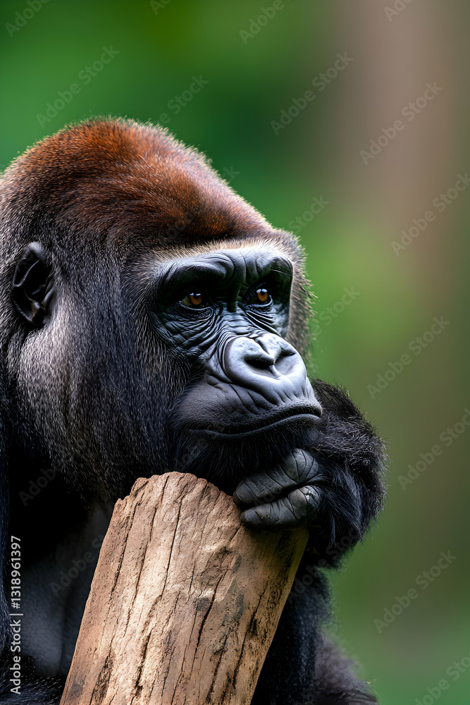 Obraz premium Thoughtful gorilla resting on log