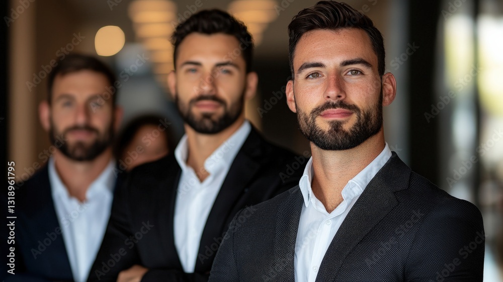 Three men in suits posing confidently in a modern setting. Three men in suits posing confidently in a modern setting.