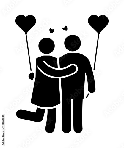 stickman couple in love with love balloons. Stick figure cartoon people pictogram.