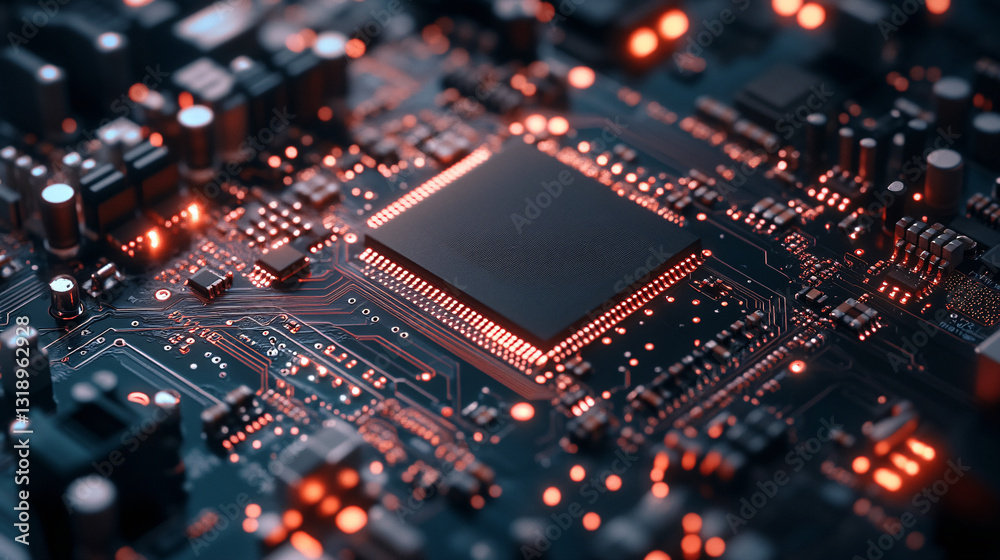 a high tech microchip glows with orange lights on a dark detailed circuit board surface viewed in closeup
a high tech microchip glows with orange lights on a dark detailed circuit board surface viewed in closeup