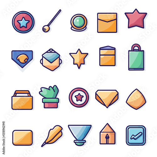 Assorted Cartoon Icon Set: Star, Letter, Makeup, Plant, Geometric Shapes