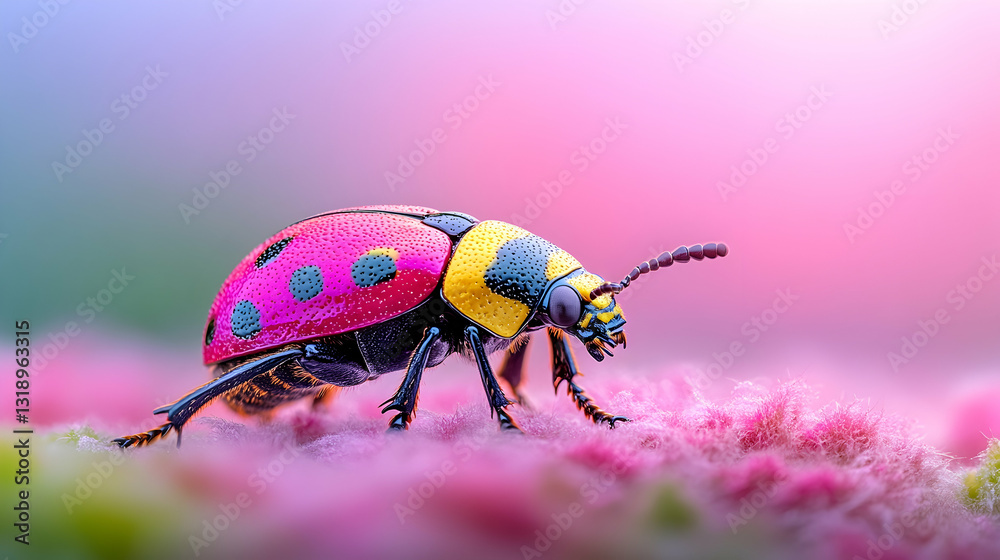 Vibrant beetle on a soft pink floral backdrop Vibrant beetle on a soft pink floral backdrop
