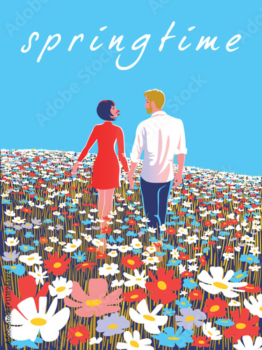 Young couple running through a blooming meadow holding hands. Spring poster or banner. Hand drawn pop art style vector illustration.