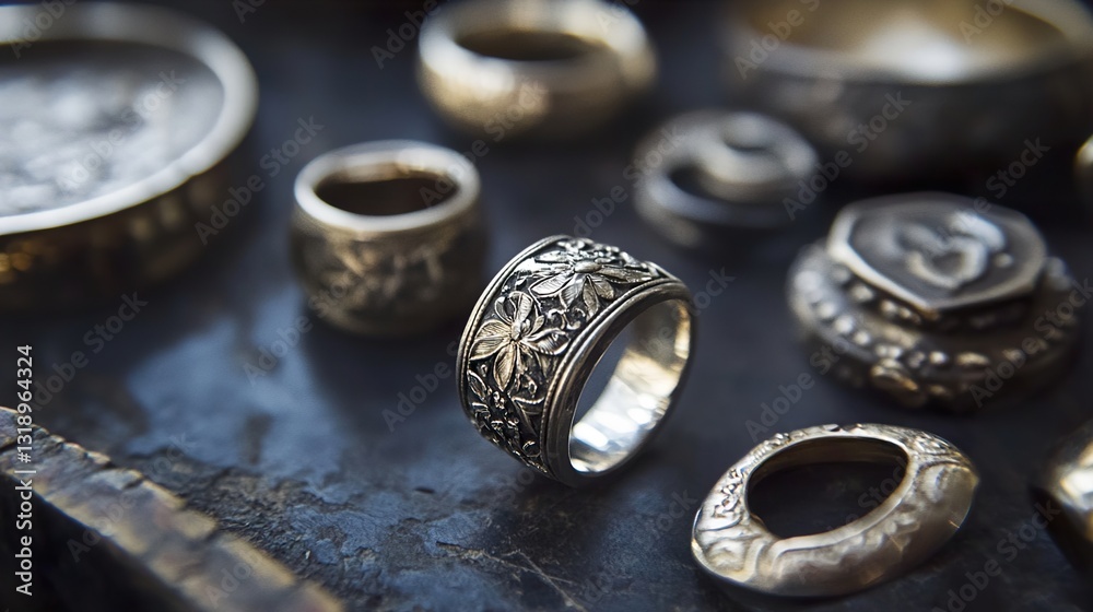 Intricate Silver Ring: Close-up of Ornate Handmade Jewelry Intricate Silver Ring: Close-up of Ornate Handmade Jewelry