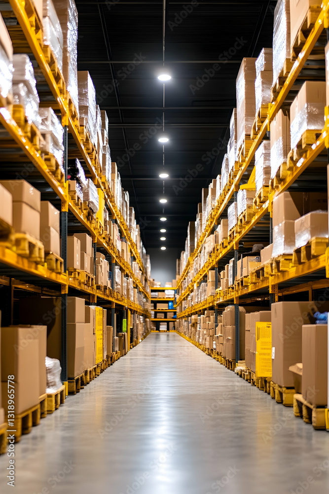 Fototapeta premium Warehouse interior, filled with stacked cardboard boxes on yellow metal shelves
