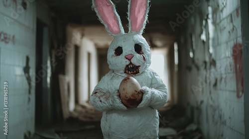 Scary easter bunny, Playful character in rabbit costume, whimsical figure in a quirky setting, ideal for fun themes and storytelling purposes.