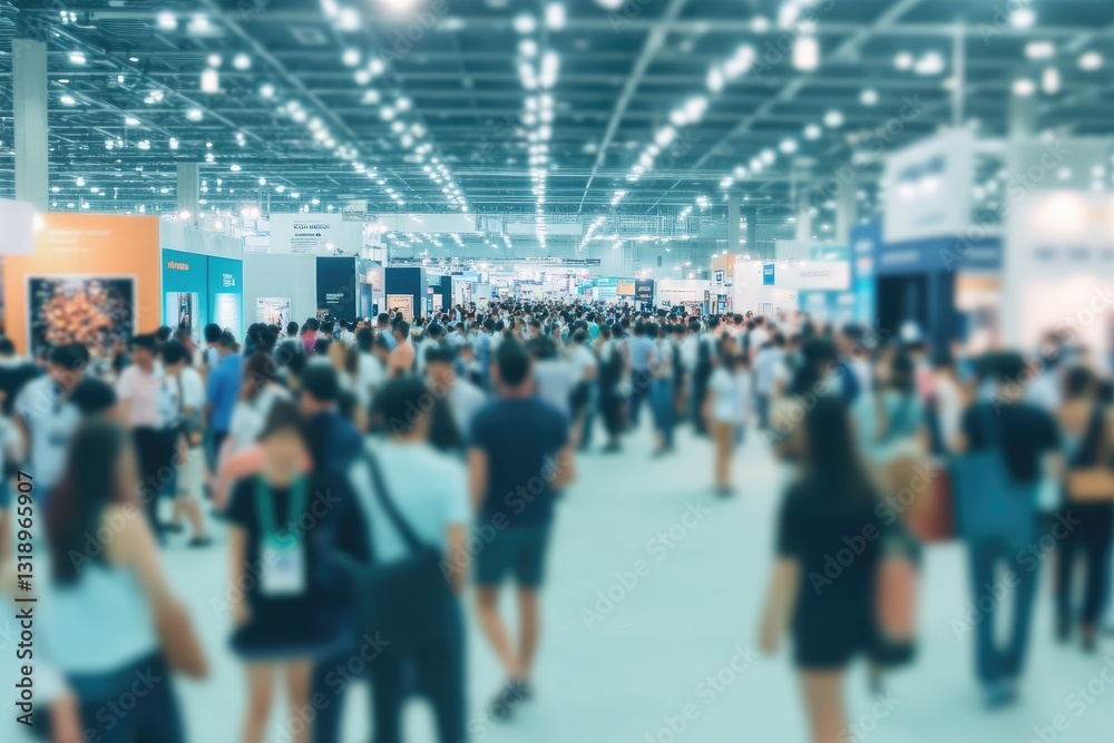 Crowded exhibition hall. Many people walking through a large indoor exhibition hall. Displays visible along the pathways. A busy, bustling atmosphere Crowded exhibition hall. Many people walking through a large indoor exhibition hall. Displays visible along the pathways. A busy, bustling atmosphere