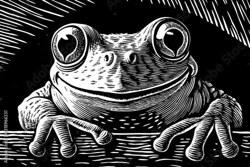 funny frog close up black and white hand drawn sketch