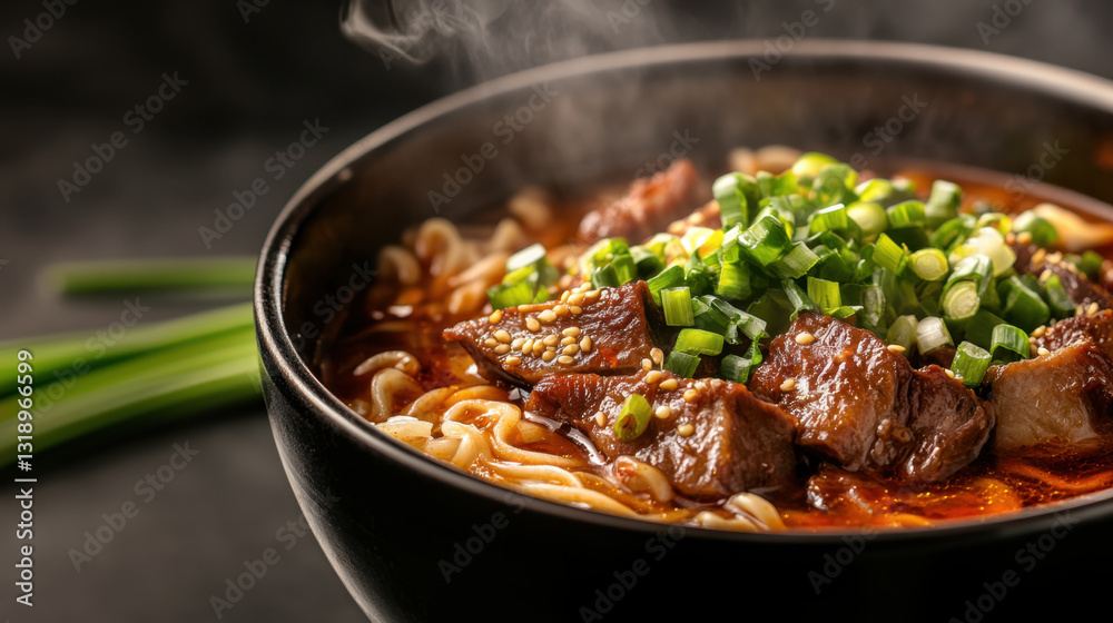 bowl of steaming noodles topped with tender beef and green onions, creating delicious and inviting meal. rich broth enhances flavors, making it perfect comfort food bowl of steaming noodles topped with tender beef and green onions, creating delicious and inviting meal. rich broth enhances flavors, making it perfect comfort food