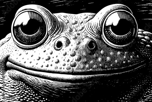 funny frog close up black and white hand drawn sketch