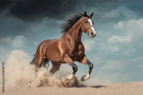 A Majestic Chestnut Horse Galloping Through an Expansive Grassland Under a Clear Blue Sky with Mountains in the Background