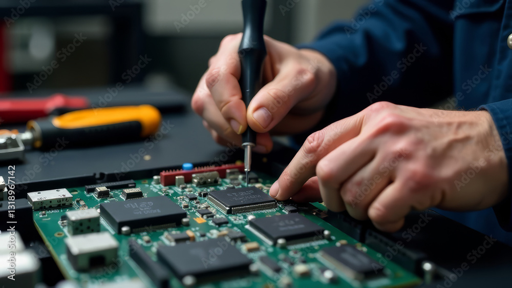 Close-up of a technicians hands using a screwdriver, demonstrating careful precision. The background includes various tools and hardware, copy space Close-up of a technicians hands using a screwdriver, demonstrating careful precision. The background includes various tools and hardware, copy space