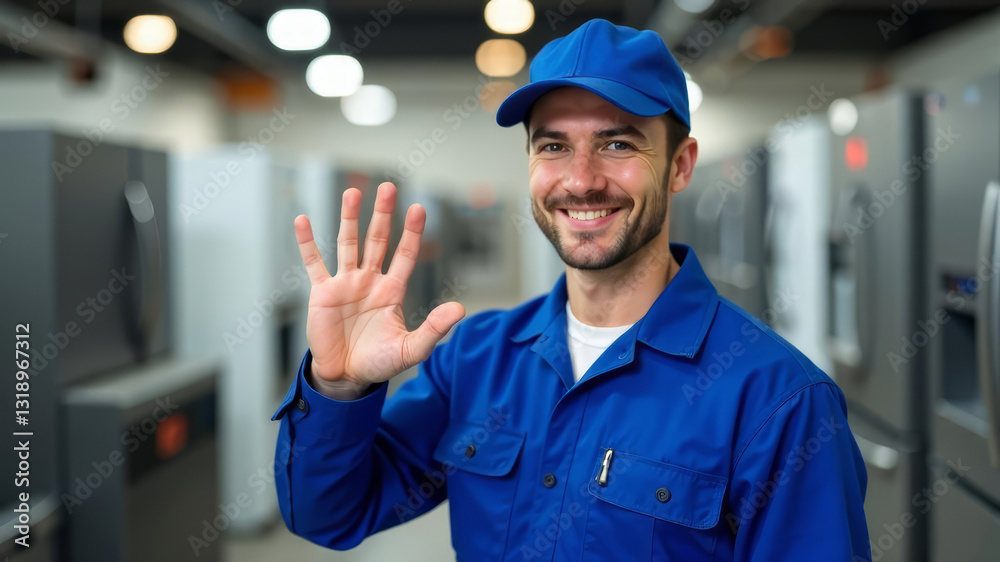 Friendly home appliance repairman in blue uniform and cap Friendly home appliance repairman in blue uniform and cap