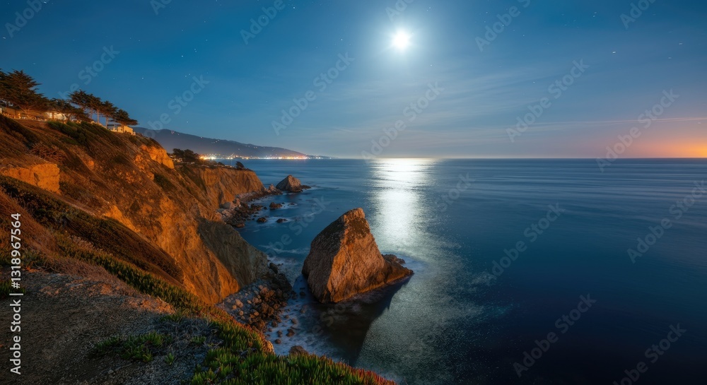 Moonlit coastal cliffside with ocean and rock formations at night Moonlit coastal cliffside with ocean and rock formations at night
