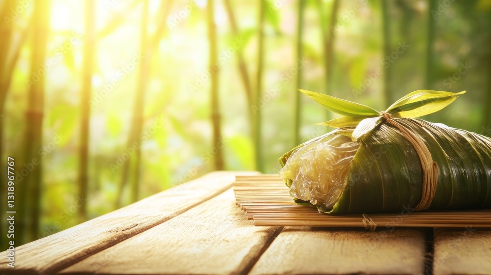 Obraz premium Traditional Zongzi on Wooden Table, Symbolizing Dragon Boat Festival's Cultural Heritage and Warmth 