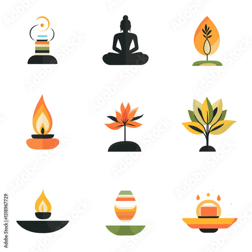 Buddhist Icons Set featuring Buddha, lotus, candle, and abstract shapes