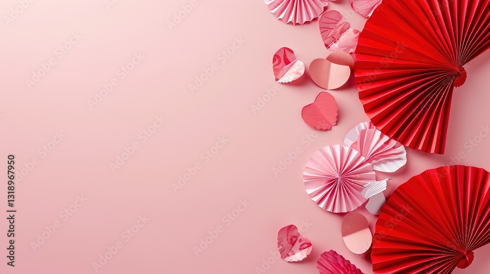 Obraz premium A heap of gentle pink and red hearts formed by Chinese paper fans are flying on a soft pink color background, serving as an eye-catching header. The delicate hearts, with their charming pink and red 