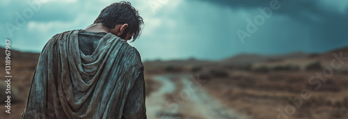 Man  israelite crying while walking in a desert road. Ancient days in Israel year of 10 B.C.