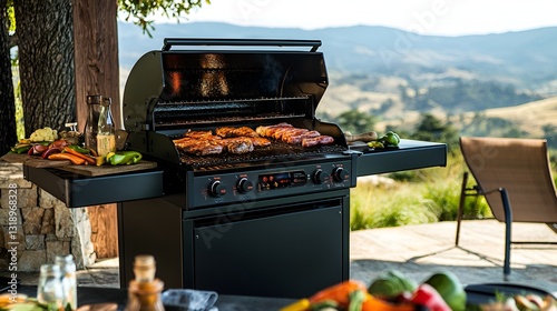 Outdoor gas grill cooking meats, patio setting, scenic view