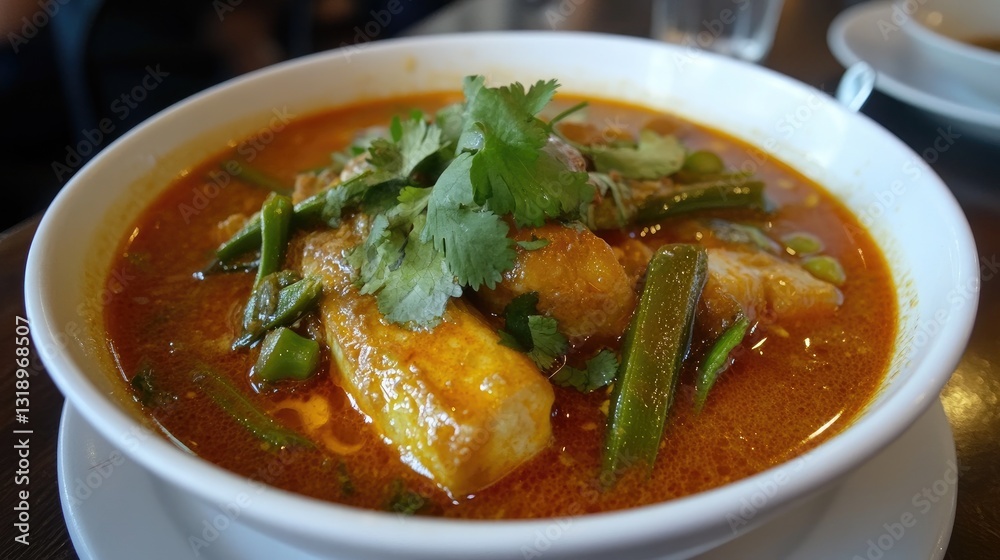 Authentic spicy curry dish with fish and vegetables garnished with fresh cilantro in a white bowl on wooden table Authentic spicy curry dish with fish and vegetables garnished with fresh cilantro in a white bowl on wooden table