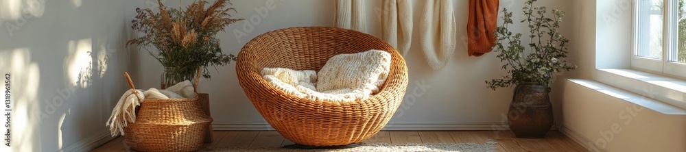 Obraz premium Stylish Wicker Chair with Natural Light and Decorative Elements. Generative AI