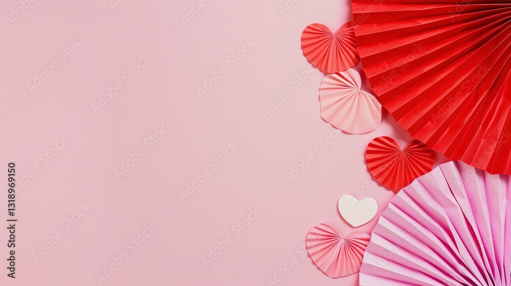 Obraz premium A heap of gentle pink and red hearts formed by Chinese paper fans are flying on a soft pink color background, serving as an eye-catching header. The delicate hearts, with their charming pink and red 