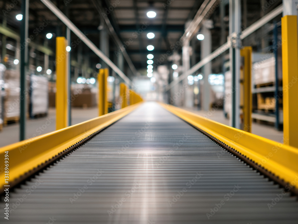Fototapeta premium conveyor belt in warehouse, leading uphill, showcases efficient logistics system. bright lights and organized shelves create productive atmosphere