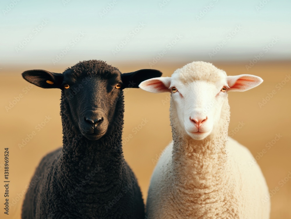 Two sheep, one black and one white, stand side by side in a serene, natural setting, showcasing contrasting colors and textures. Two sheep, one black and one white, stand side by side in a serene, natural setting, showcasing contrasting colors and textures.