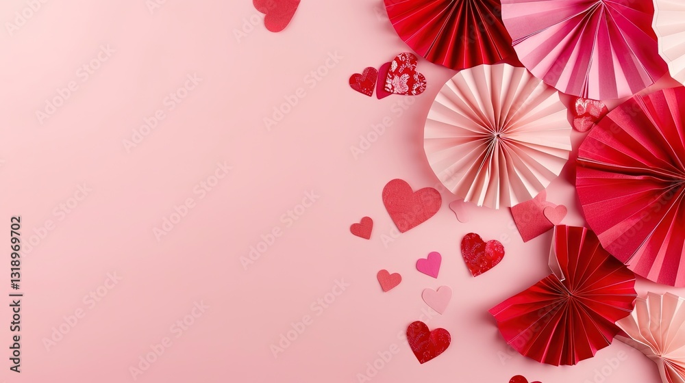Obraz premium A heap of gentle pink and red hearts formed by Chinese paper fans are flying on a soft pink color background, serving as an eye-catching header. The delicate hearts, with their charming pink and red 