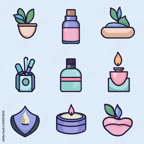 Spa Relaxation Items Still Life Illustration in Pastel Colors on Blue