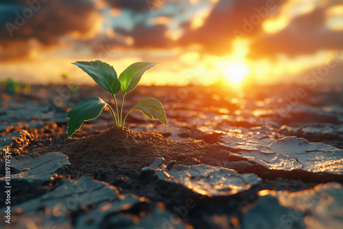 As the sun sets, a lone, vibrant green shoot sprouts from the dry, cracked soil