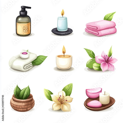 Spa Still Life: Candles, Flowers, Towels, and Essential Oils