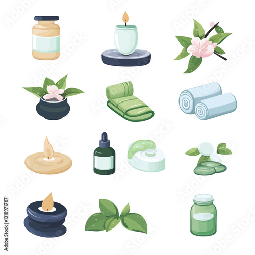 Spa and wellness relaxation elements including towels candles and lotions
