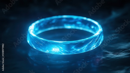 Blue cybernetic ring floating in dark space, emitting soft neon glow, computer-generated image