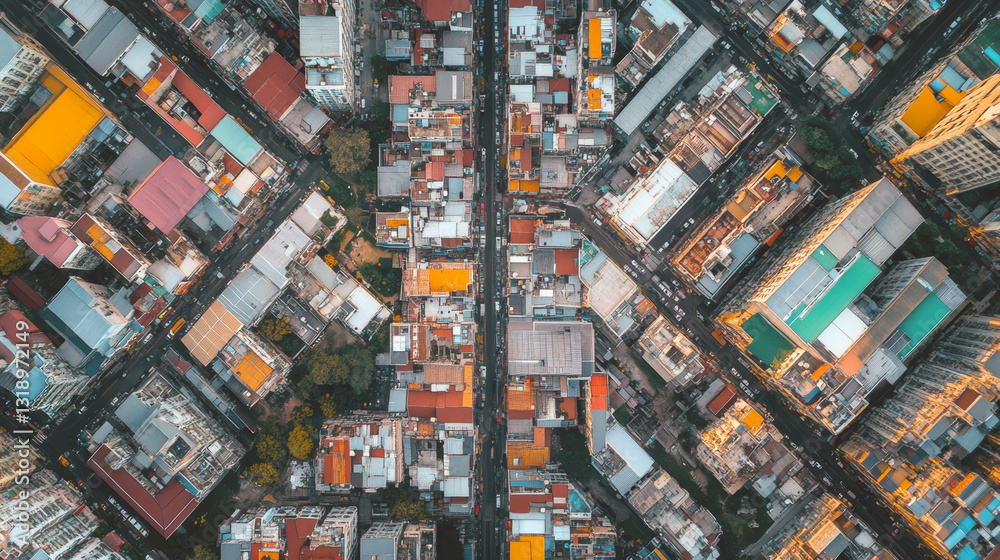 Aerial view of vibrant urban cityscape with colorful buildings and streets Aerial view of vibrant urban cityscape with colorful buildings and streets
