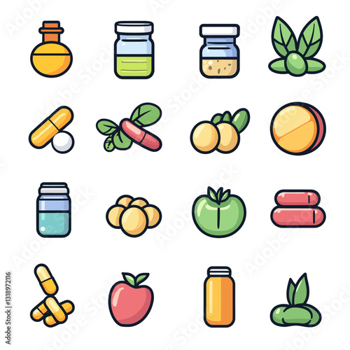 Herbal remedy and vitamin capsules, bottle icon set for healthy life